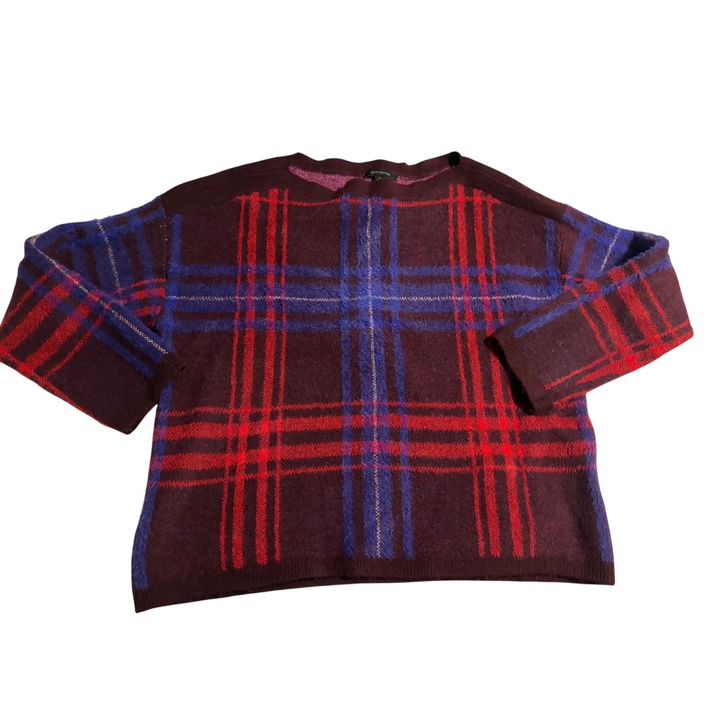 Ann Taylor XL Plaid Sweater Burgundy Red Blue Wool Blend Crew Neck‎ Pullover